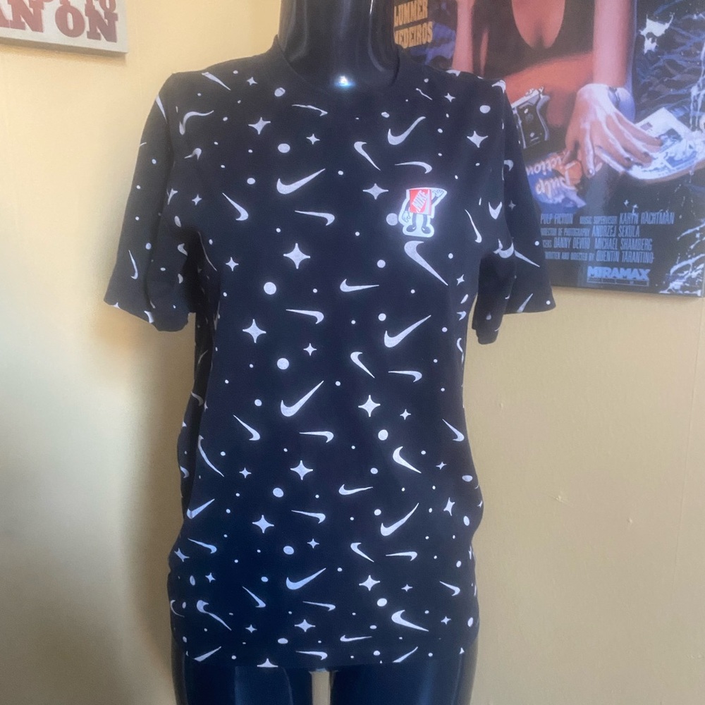 Nike Black Tee with White All-Over Swooshes and Small Red Accent XL
